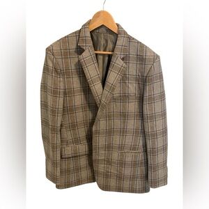 Vintage Bombay Store Hand Tailored Wool Plaid Sport Coat Blazer 42R Tan Blue
